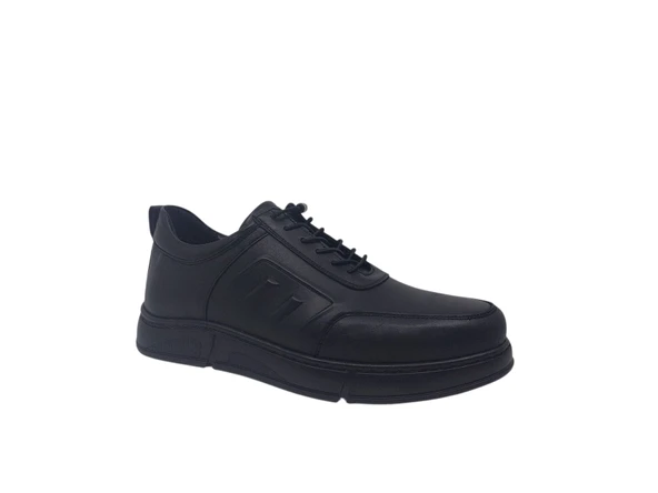 Zerhan 275 Erkek Siyah Hakiki Deri Lastik Bağcıklı Kauçuk Taban Casual Ayakkabı - Resim 2