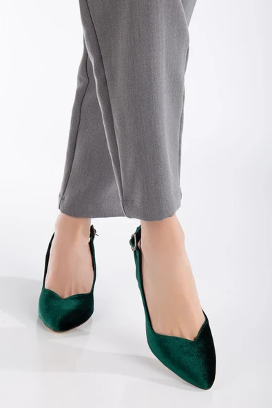 Milika Haki Yeşili Kadife Sivri Burunlu Topuklu Kadın Ayakkabı - Resim 3