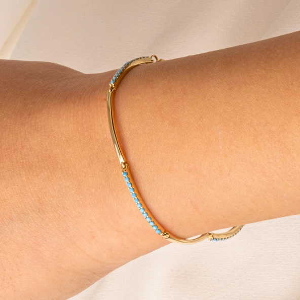 Gümüş Bileklik - Sıra Firuze (Turkuaz) Taşlı Modern Tasarım Şık 925 Ayar Gümüş Bileklik - 3