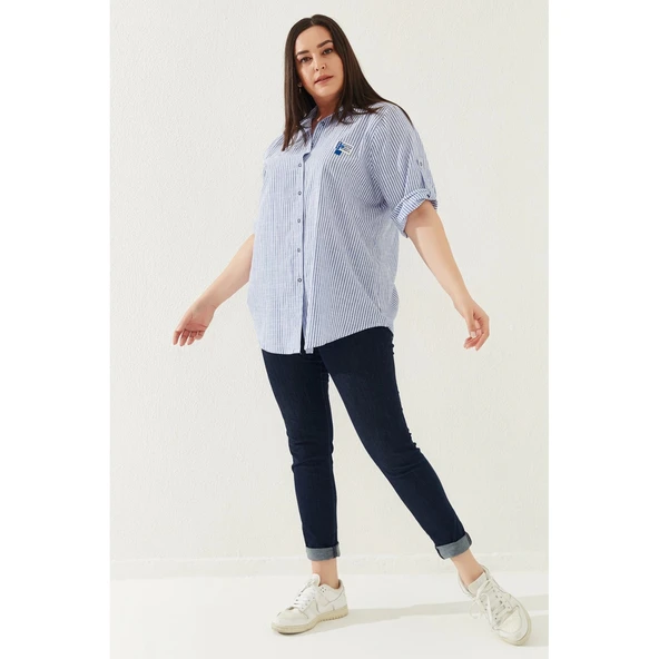 Büyük Beden Kadın Çizgili Gömlek – Rahat Kesim, Şık Tasarım - Resim 3