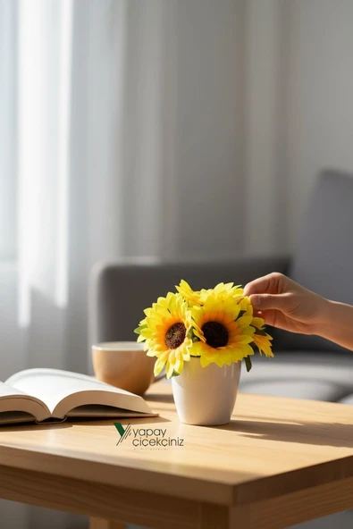 Modern Beyaz Saksıda Gerçekçi Yapay Ayçiçeği - Resim 5