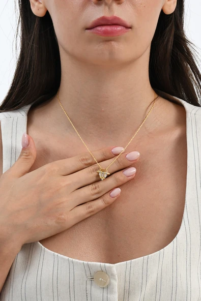 925 ayar Gümüş altın yaldızlı zirkon taşlı geometrik serenay kolye SGTL13096GOLD - Resim 3