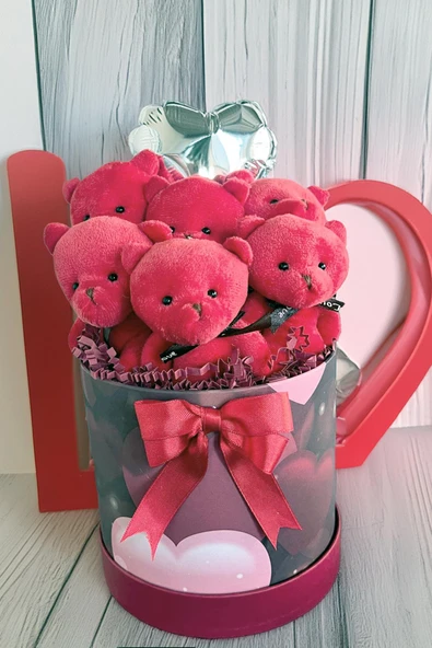 Premium Özel Kalpli Kırmızı Silindir Kutusunda, Kalpli Balonlu 6’lı Kırmızı Ayıcık Buketi - Resim 4