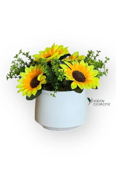 Modern Beyaz Saksıda Gerçekçi Yapay Ayçiçeği - Resim 2