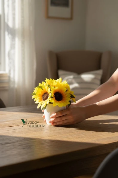 Modern Beyaz Saksıda Gerçekçi Yapay Ayçiçeği - Resim 8