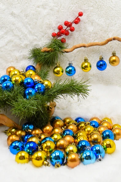 Waldern 3 cm 72 Adet Mavi-Gold Cici Top Yılbaşı Çam Ağacı Süs - Resim 2