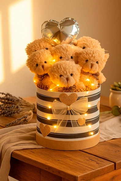 Premium Silindir Hediye Kutusunda, Kalp Balonlu LED Işıklı 6’lı Taba Ayıcık Buketi,Öğretmenler günü Hediyesi - Sınıf Öğretmenine Hediye - Resim 3