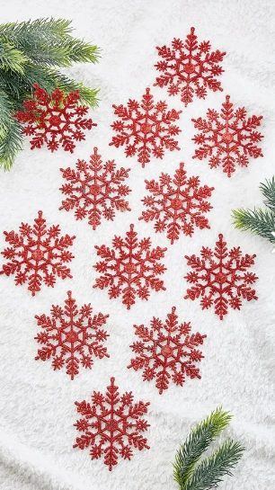 Waldern Yılbaşı Çam Ağacı Süsü Simli Kırmızı Kar Tanesi 12li - Resim 3