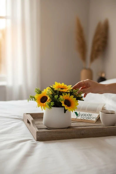 Modern Beyaz Saksıda Gerçekçi Yapay Ayçiçeği - Resim 7