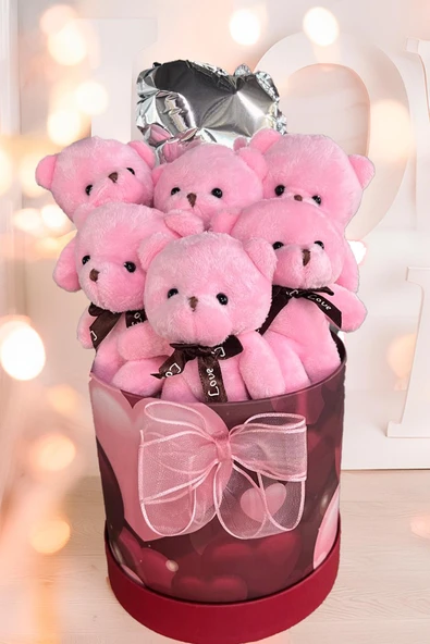 Premium Silindir Kalpli Kırmızı Özel Kutusunda, Kalpli Balonlu 6’lı Pembe Ayıcık Buketi - Resim 2
