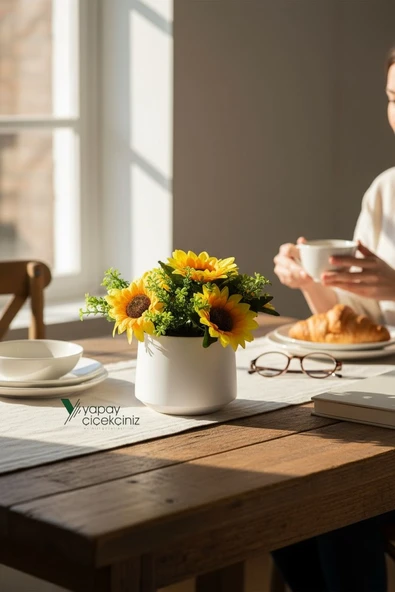 Modern Beyaz Saksıda Gerçekçi Yapay Ayçiçeği - Resim 11