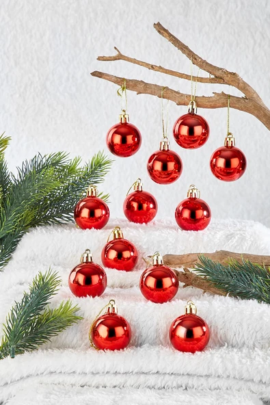 Waldern yılbaşı çam ağacı süsü kırmızı 4 cm 12li cici top ürün görseli