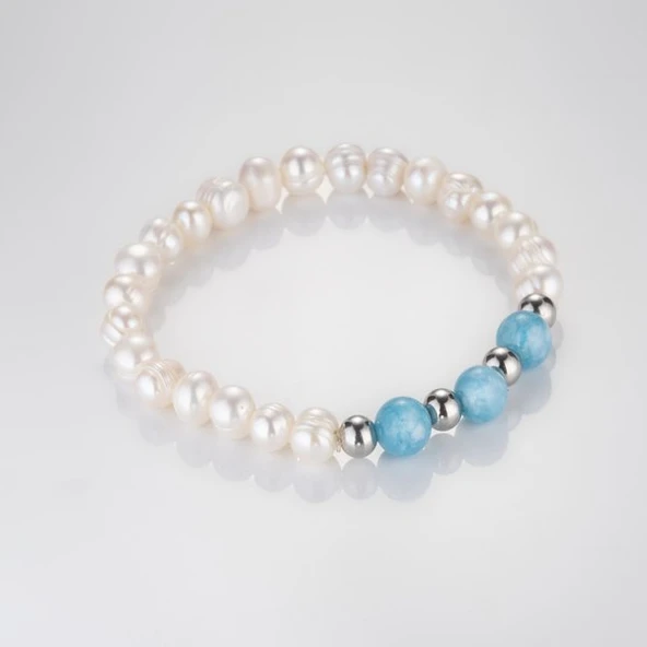 MK TASARIM Gerçek İnci Mavi Kuvars Taşı Bileklik MKT.1.10001.2 - Resim 2