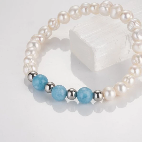 MK TASARIM Gerçek İnci Mavi Kuvars Taşı Bileklik MKT.1.10001.2 - Resim 3