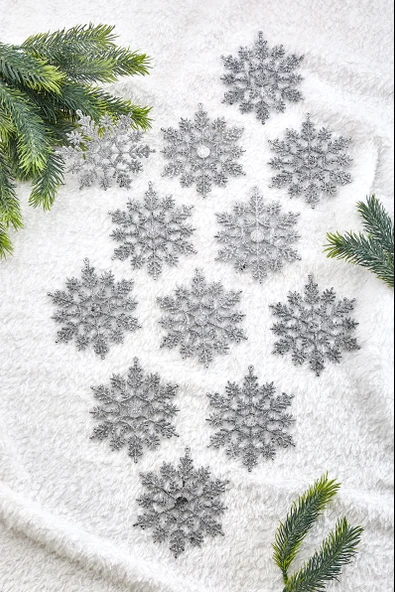 Waldern Yılbaşı Çam Ağacı Süsü Simli Gümüş Kar Tanesi 12li ürün görseli