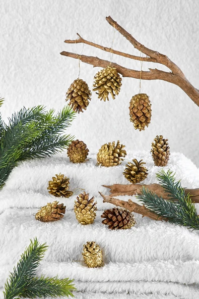 Waldern Yılbaşı Çam Ağacı Süsü Kozalak 12li Altın ürün görseli 1