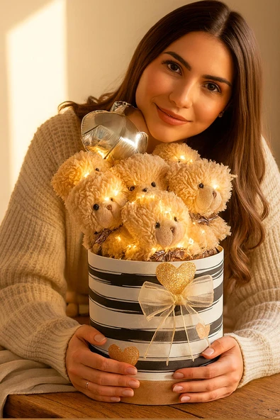 Premium Silindir Hediye Kutusunda, Kalp Balonlu LED Işıklı 6’lı Taba Ayıcık Buketi,Öğretmenler günü Hediyesi - Sınıf Öğretmenine Hediye ürün görseli 1