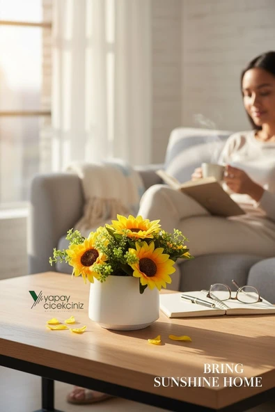 Modern Beyaz Saksıda Gerçekçi Yapay Ayçiçeği - Resim 10