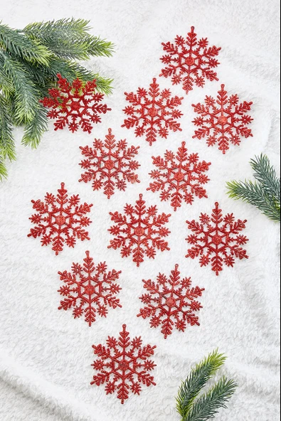 Waldern Yılbaşı Çam Ağacı Süsü Simli Kırmızı Kar Tanesi 12li ürün görseli