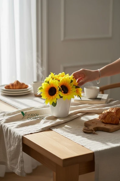 Modern Beyaz Saksıda Gerçekçi Yapay Ayçiçeği - Resim 6