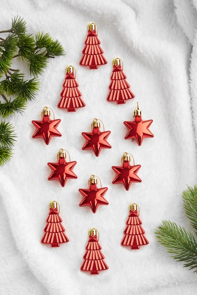 Waldern 12li Yıldız ve Ağaç Figürlü Yılbaşı Süsü Kırmızı ürün görseli