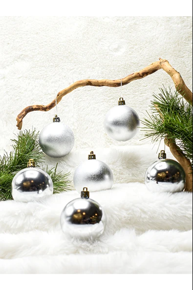 6 cm 6lı Gümüş Cici Top (3 Parlak-3 Metalize) Yılbaşı Ağacı Süs ürün görseli