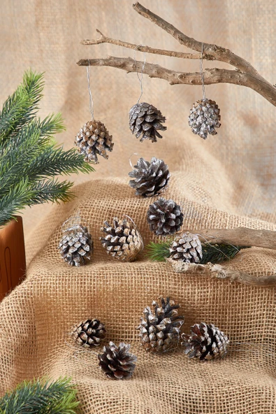 Waldern Yılbaşı Çam Ağacı Süsü Kozalak 12li Gümüş Simli ürün görseli