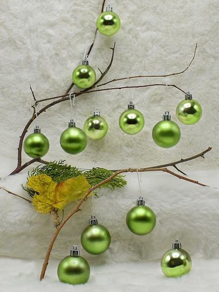 4 cm 12li Yeşil Cici Top (6 Parlak-6 Metalize) Yılbaşı Ağacı Süs - Resim 2