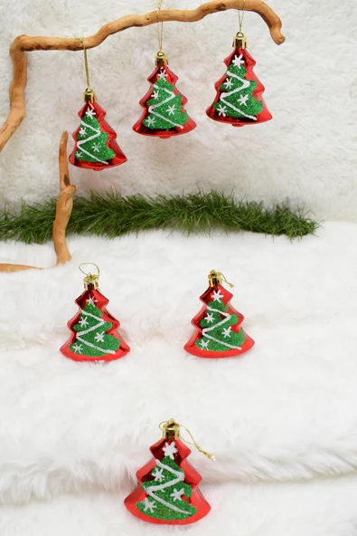 6lı Çam Ağacı Süs Kırmızı-Yeşil Yılbaşı Süsü 8 CM ürün görseli