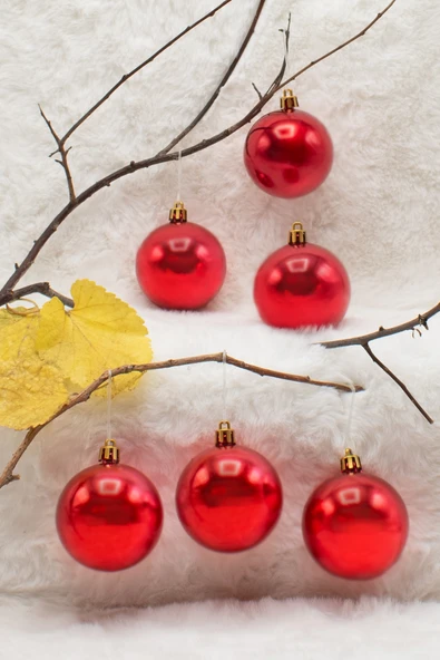 6 cm 6lı Kırmızı Cici Top (3 Parlak-3 Metalize) Yılbaşı Ağacı Süs ürün görseli 1