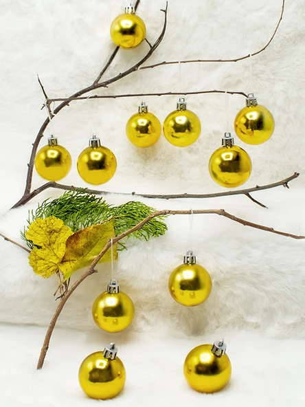 4 cm 12li Gold Cici Top (6 Parlak-6 Metalize) Yılbaşı Ağacı Süs - Resim 2