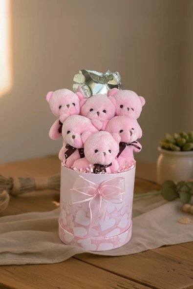 Premium Silindir Pembe Kalpli Kutusunda, Kalpli Balonlu 6’lı Pembe Ayıcık Buketi - Resim 4