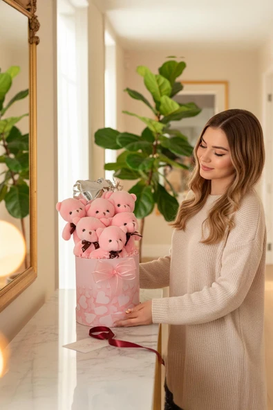 Premium Silindir Pembe Kalpli Kutusunda, Kalpli Balonlu 6’lı Pembe Ayıcık Buketi - Resim 2