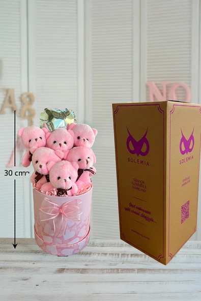 Premium Silindir Pembe Kalpli Kutusunda, Kalpli Balonlu 6’lı Pembe Ayıcık Buketi - Resim 5
