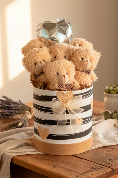 Premium Silindir Hediye Kutusunda, Kalpli Balonlu 6’lı Taba Ayıcık Buketi, Öğretmenler günü Hediyesi - Sınıf Öğretmenine Hediye - Resim 4