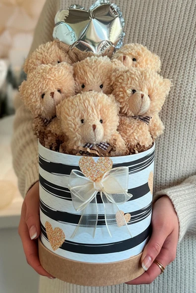 Premium Silindir Hediye Kutusunda, Kalpli Balonlu 6’lı Taba Ayıcık Buketi, Öğretmenler günü Hediyesi - Sınıf Öğretmenine Hediye - Resim 2