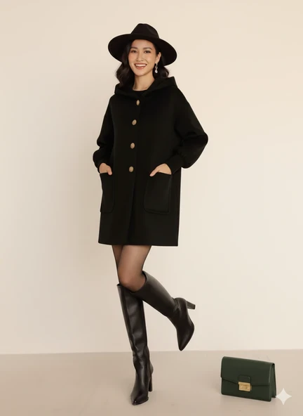 Kadın Oversize Bol Kesim Diz Üstü Siyah Kaban Büyük Cepli Yünlü Kumaş Kapüşon Detaylı - Resim 7