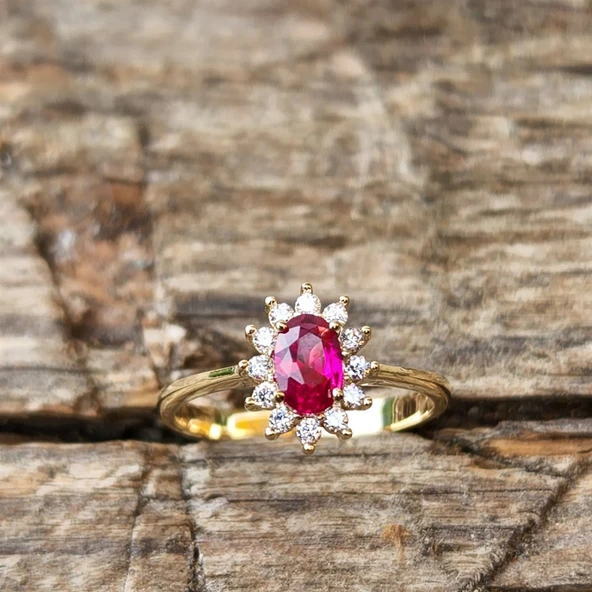 1,05 CT Yakut 0,30 CT Pırlanta (Signty) Taşlı Anturajlı Vintage Tasarım Modern 925 Ayar Gümüş Yüzük - 9