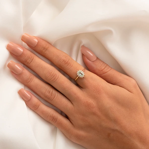 Gümüş Yüzük - 1.05 Karat Green Topaz 0.30 Karat Swarovski Taşlı Vintage Tasarım 925 Ayar Gümüş Yüzük - 6