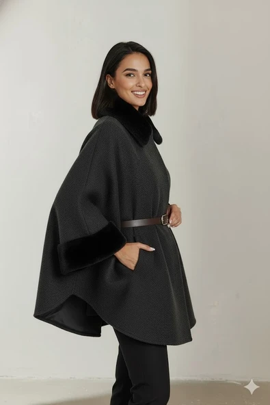 Kadın Kürk Yaka Manşet Detaylı Panço Kaban Kemerli Pelerin Ceket Kaşe - Resim 7