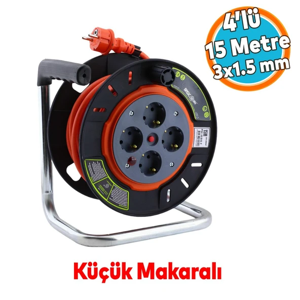 Küçük Makaralı Seyyar CCA Kablo 4 Priz Monofaze Uzatma Kablosu 3x1.5 mm TTR Kablo Plastik 15 Metre