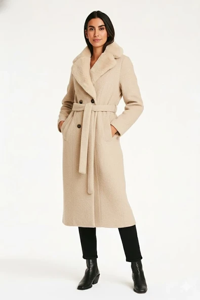 Kadın Kahverengi Bukle Kumaş Uzun Kaban Büyük Yakalı Kışlık Palto Teddy Kaban ürün görseli