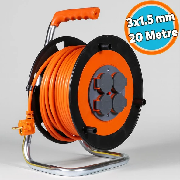 Seyyar Makaralı Uzatma Kablosu Kapaklı Termal Sigortalı CCA 20 Metre 3x1.5 mm ürün görseli
