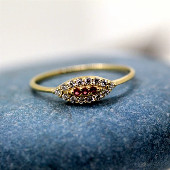 Gümüş Yüzük - Mekik Göz Kadın 925 Ayar Gümüş Yüzük-Nano Yakut Taşlı Göz Minimal Hediye Gümüş Yüzük - 12