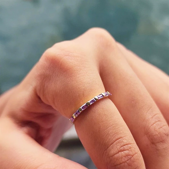 Gümüş Yüzük - Ametist Taşlı Sıralı Baget Modern 925 Ayar Gümüş Alyans-Modern Eklem Yüzüğü - 12