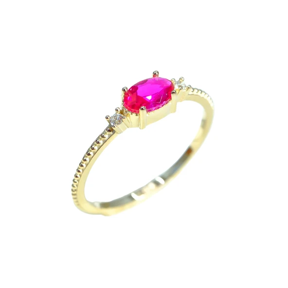 Gümüş Yüzük - Oval Kesim Yakut Taşı Yan Zirkon Taşlı Modern Tasarım 925 Ayar Gümüş Yüzük Tektaş - 12