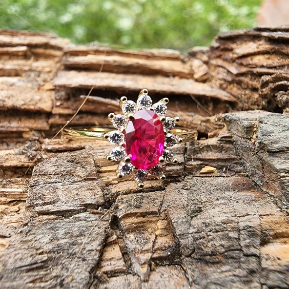 1,05 CT Yakut 0,30 CT Pırlanta (Signty) Taşlı Anturajlı Vintage Tasarım Modern 925 Ayar Gümüş Yüzük - 5