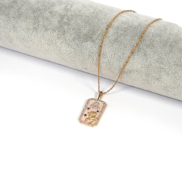 Çelik Kolye, Altın Kaplama Aslan Burcu Kadın Kolye K-116 - Resim 2
