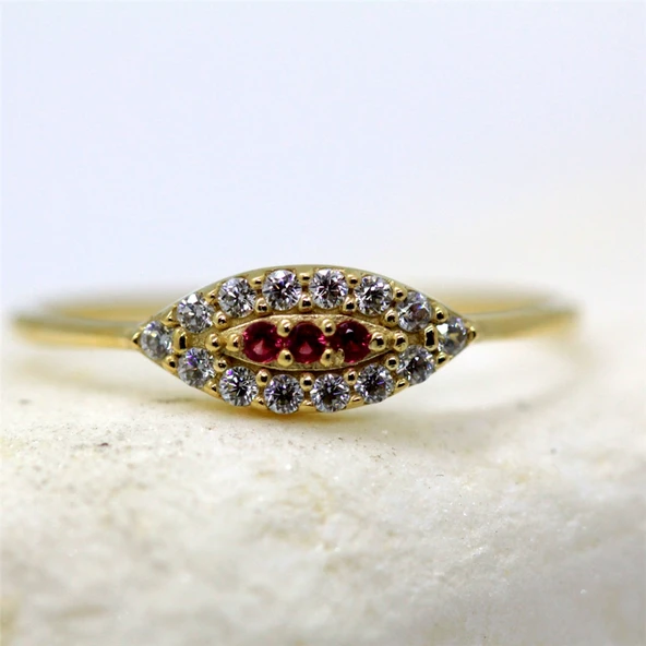 Gümüş Yüzük - Mekik Göz Kadın 925 Ayar Gümüş Yüzük-Nano Yakut Taşlı Göz Minimal Hediye Gümüş Yüzük - 9