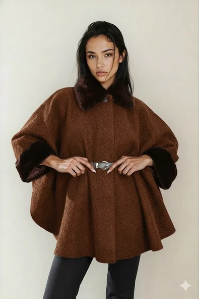 Kadın Kürk Yaka Manşet Detaylı Panço Kaban Kemerli Pelerin Ceket Kaşe - Resim 11